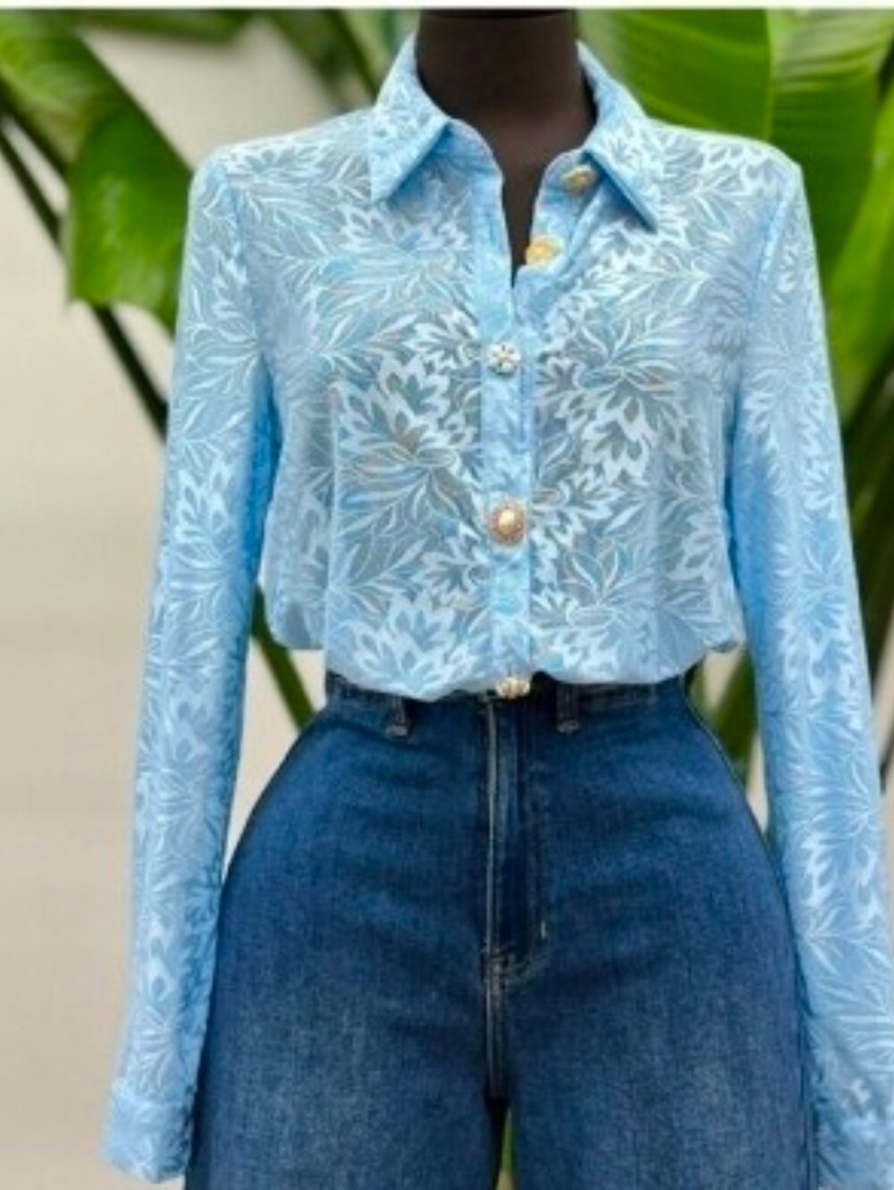 Cropped Light Blue Floral Button-Down Shirt - Women Tops